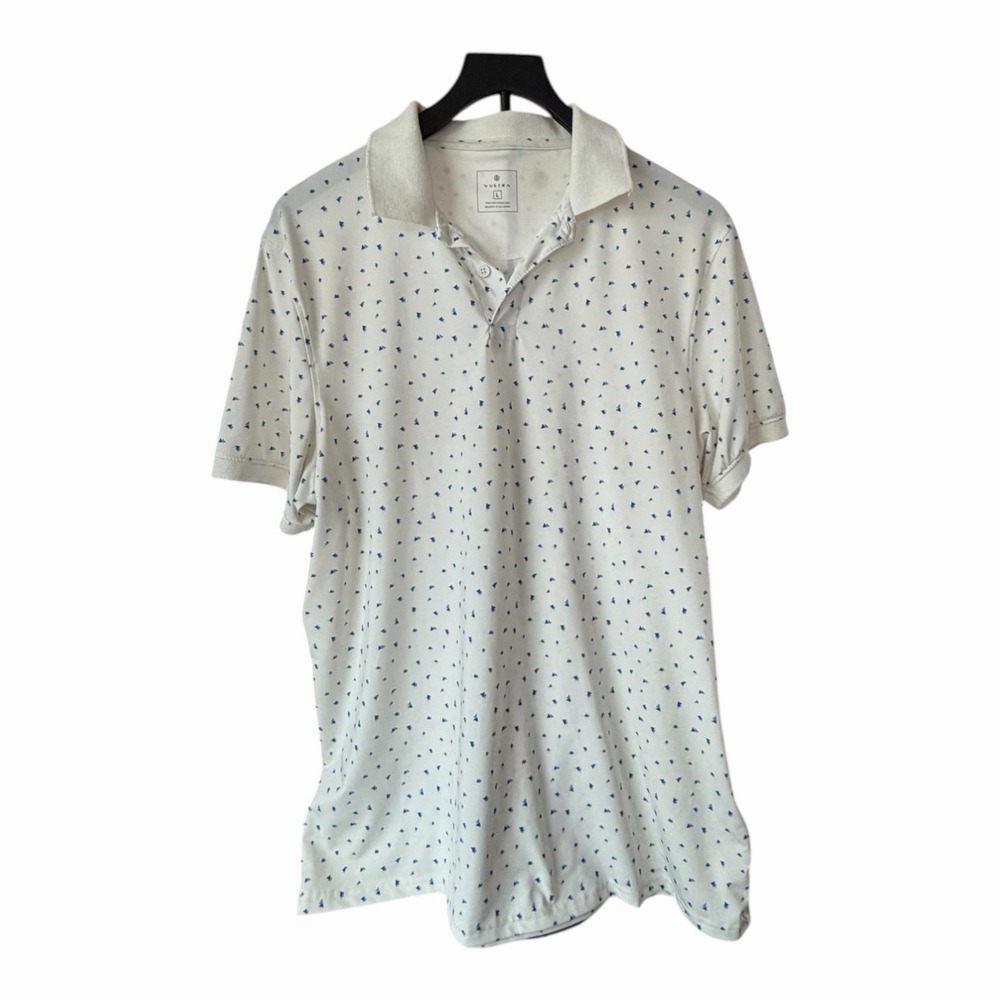 Vustra Men's Large White Blue Print Polo Shirt Organic Cotton Casual Golf